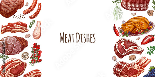 Meat and vegetables menu template in engraved vintage style. Hand-drawn colored sketches of barbecue meat pieces with herbs and seasonings. Background for meat restaurant..