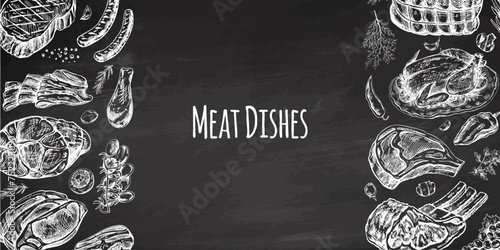 Meat and vegetables menu template in engraved vintage style. Hand-drawn sketches of barbecue meat pieces with herbs and seasonings on chalkboard background.