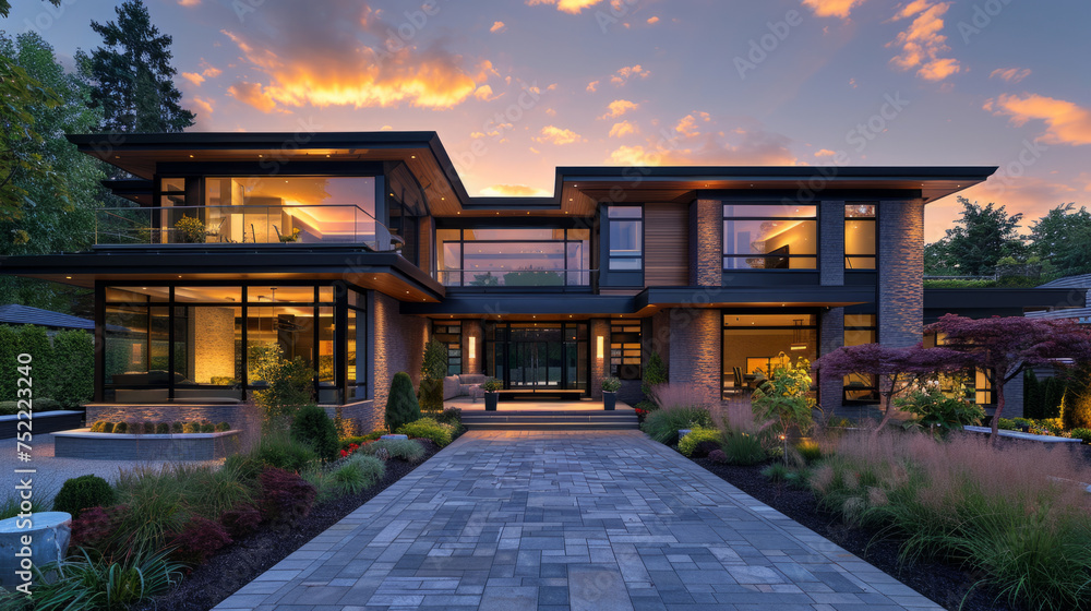 Luxurious modern house at twilight with illuminated interiors, large windows, and a well-landscaped front yard featuring a stone pathway leading to the entrance. - obrazy, fototapety, plakaty 