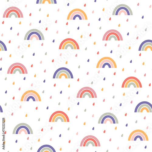Colorful rainbows and raindrops cute hand drawn seamless vector pattern. Kawaii background for kids room decor, nursery art, packaging, wrapping paper, textile, print, fabric, wallpaper, gift, apparel