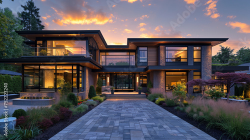 Luxurious modern house at twilight with illuminated interiors, large windows, and a well-landscaped front yard featuring a stone pathway leading to the entrance. photo