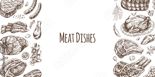 Meat and vegetables menu template in engraved vintage style. Hand-drawn sketches of barbecue meat pieces with herbs and seasonings. Background for meat restaurant..