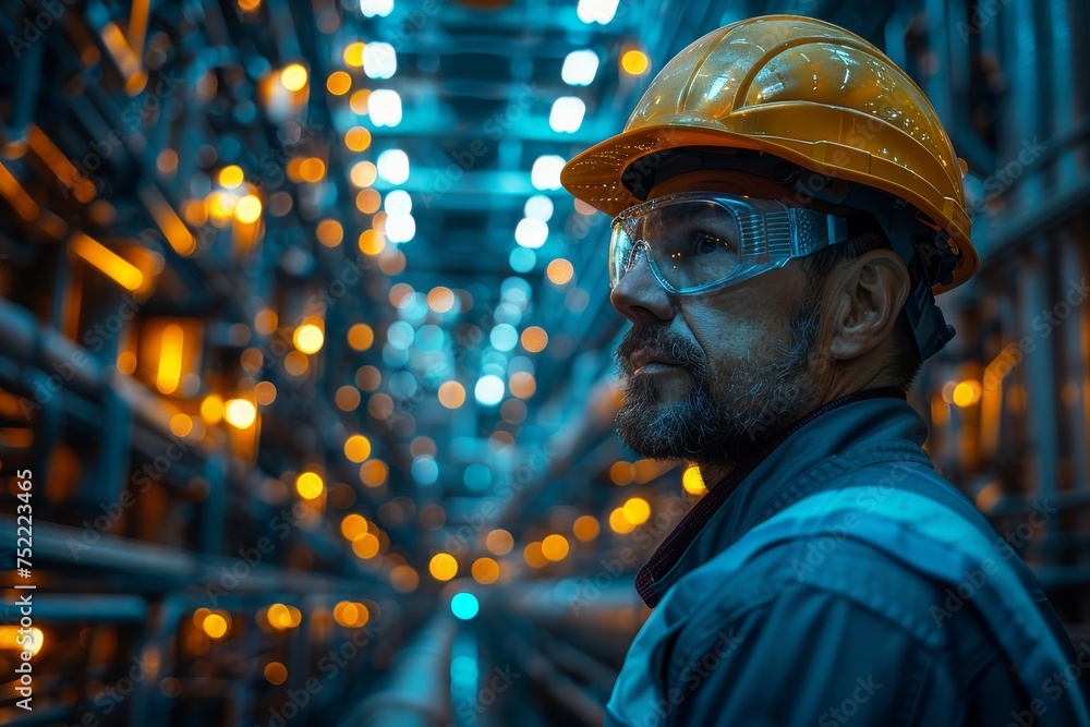 Industrial worker in protective gear in a factory setting with a blurred face and bokeh lights in background Industrial worker in protective gear in a factory setting with a blurred face and bokeh lights in background