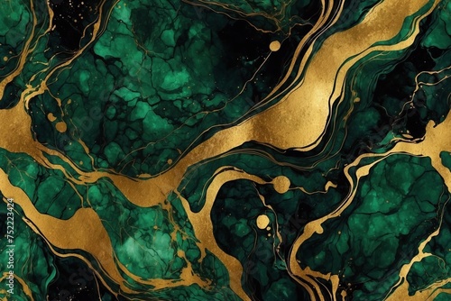 abstract background with green acrylic paint texture and golden splashes