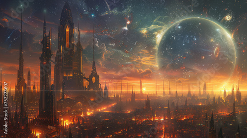 A futuristic city skyline with towering skyscrapers, a glowing horizon, and celestial bodies in the sky, depicting a science fiction urban landscape at sunset.