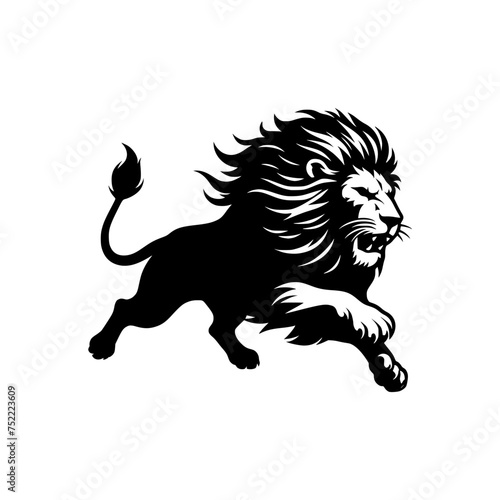 Black and white illustration of a running lion. Vector logo of a lion.