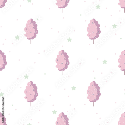 Seamless vector pattern with cute hand drawn cotton candy flossing sugar and star. Fun background for kids room decor, nursery art, apparel, gift, fabric, textile, wrapping paper, wallpaper, packaging