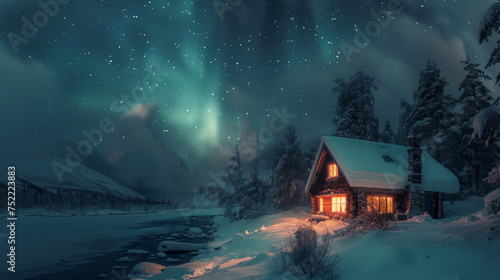A cozy cabin with illuminated windows nestles amidst a snowy landscape under a night sky aglow with the ethereal aurora borealis.