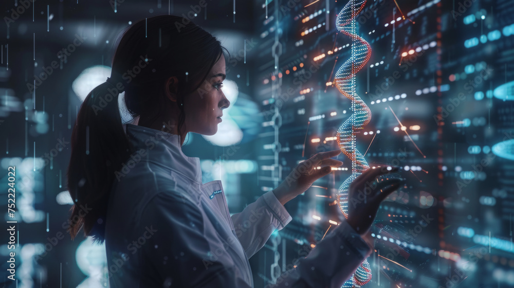 A focused scientist interacts with a 3D holographic DNA model in a futuristic lab setting, representing advanced genetic research and biotechnology.