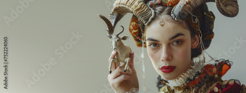 Portrait of a young beautiful woman astrologer or fortune teller holding a miniature symbol of Aries, horoscope zodiac sign concept, horoscope prediction, copy space.