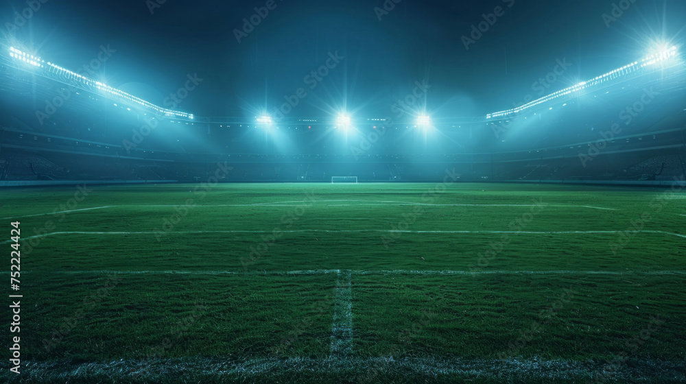 An empty football stadium at night illuminated by bright lights with a lush green pitch and visible line markings under a dark blue sky.