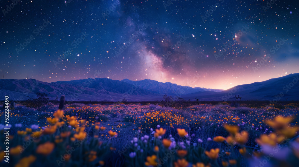 A vibrant field of wildflowers under a starry night sky, with the Milky Way clearly visible over a silhouette of mountain ranges.