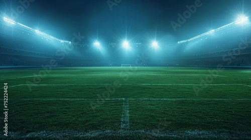 An empty football stadium at night illuminated by bright lights with a lush green pitch and visible line markings under a dark blue sky.