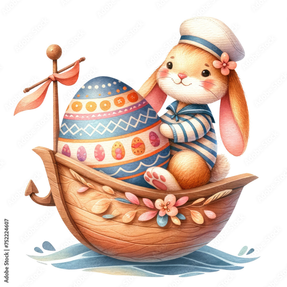 Joyful Easter Bunny Sailing in a Decorative Eggshell Boat with Festive Flair