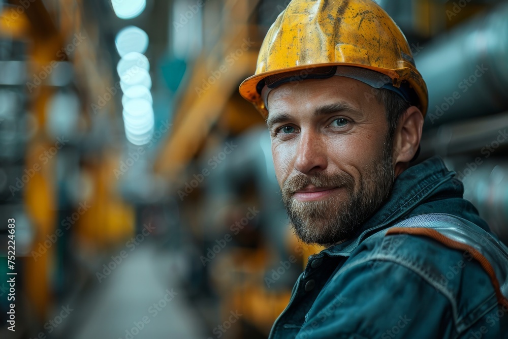 Close-up of a cheerful male construction worker with a safety helmet in an industrial background Close-up of a cheerful male construction worker with a safety helmet in an industrial background