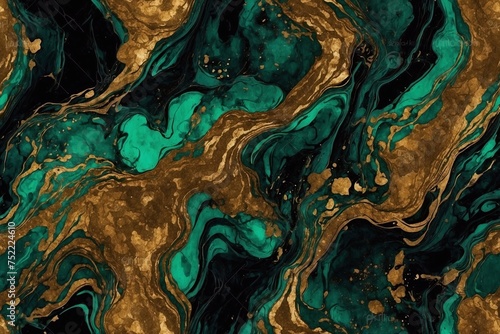 acrylic dark golden swirls on green and black background with fluid texture