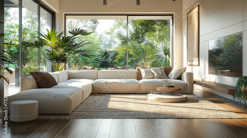 Modern living room interior with a large sectional sofa, expansive windows showcasing a garden view, and natural light bathing the space. © ChubbyCat