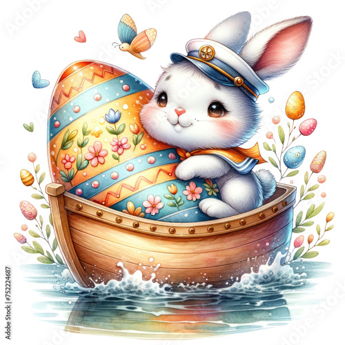 Joyful Easter Bunny Sailing in a Decorative Eggshell Boat with Festive Flair