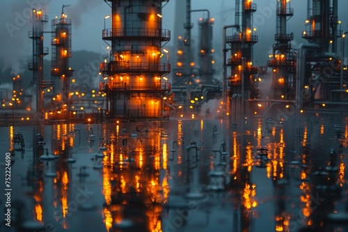 A dramatic view of a glowing oil refinery s reflection on the water surface at night embodies industrial might