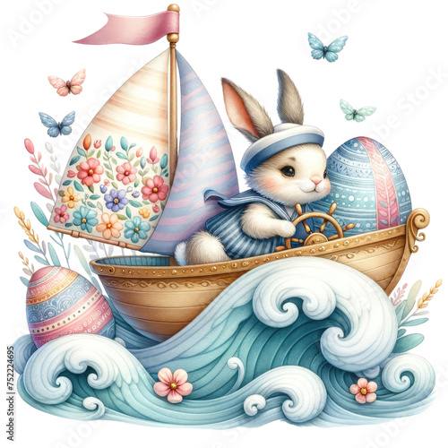Joyful Easter Bunny Sailing in a Decorative Eggshell Boat with Festive Flair