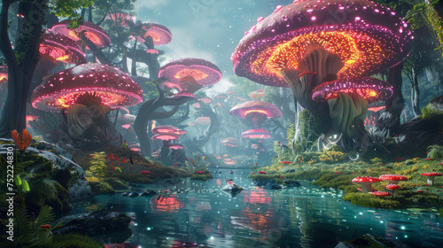 A fantasy forest scene with glowing, oversized mushrooms towering over a serene river.