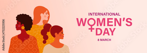 International Women's Day. Vector horizontal illustration in modern minimalist style three diverse multiracial women's portraits. Isolated on pink background. Place for your text.