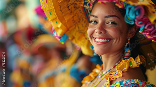 A joyful woman with a radiant smile wearing a traditional colorful headscarf and dress with intricate patterns.