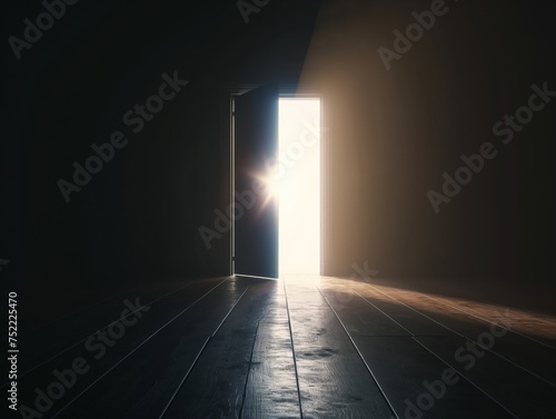 A single open door glowing with bright light in a darkened room symbolizes opportunity, hope, and the unknown.