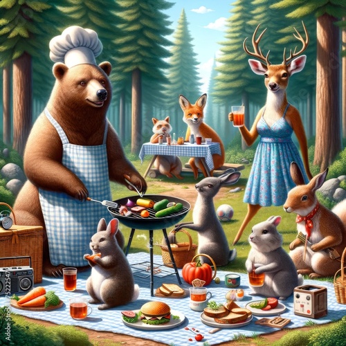 Anthropomorphic Animals Enjoying Forest Picnic
