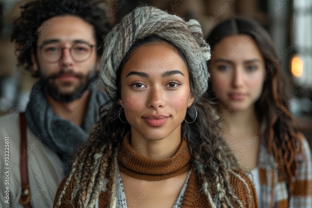 A group of three young adults wearing cozy winter attire with focus on the woman in front A group of three young adults wearing cozy winter attire with focus on the woman in front