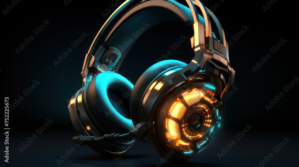 Modern headphones turned on, on a dark black color background. Modern headphones turned on, on a dark black color background.