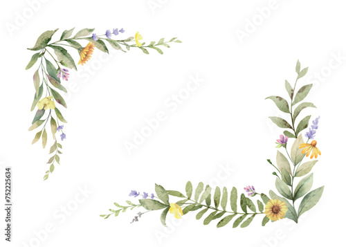 Watercolor vector flower wreath. Wild field herbs flowers. Design for invitation, card, wedding, birthday and other printing projects. Holiday decor. Hand drawn illustration.