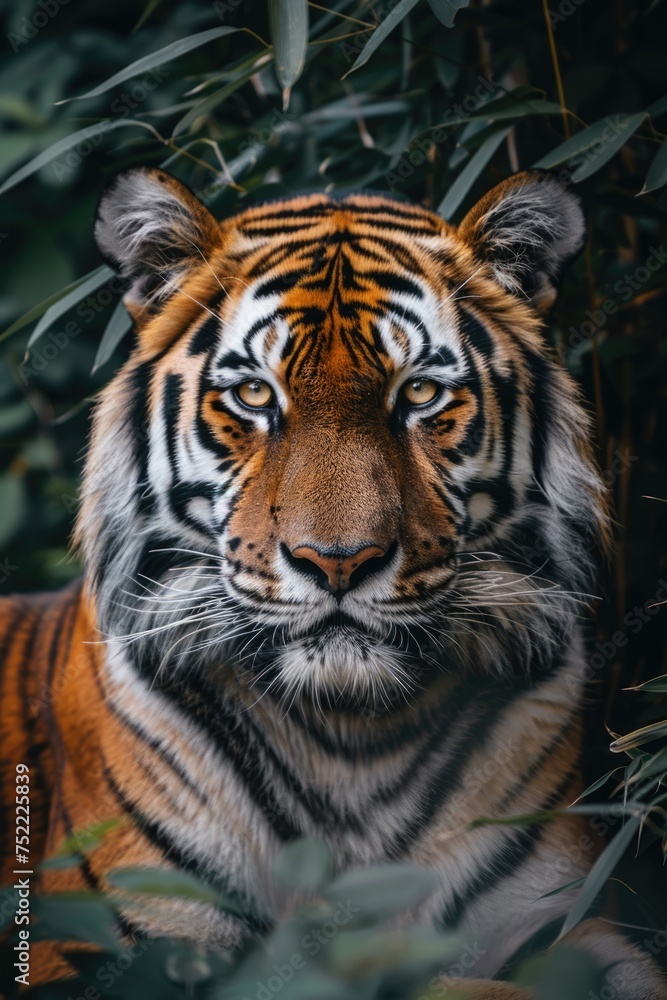 world wildlife day. tiger looking through jungle leaves . ai generated world wildlife day. tiger looking through jungle leaves . ai generated