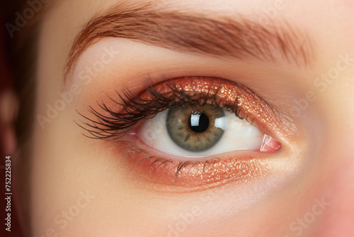 A macro shot of an eye with sparkling copper eyeshadow, emphasizing the intricate iris pattern. Ideal for beauty focused content and makeup artistry