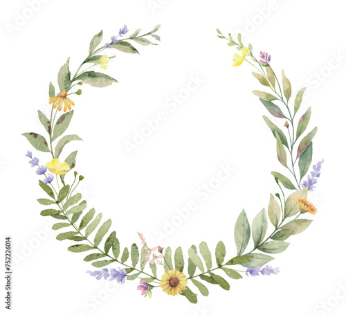 Watercolor vector flower round frame. Meadow flowers circle border. Design fo...