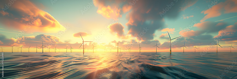 offshore wind farm with zero environmental impact, the blades are very far away and do not spoil the environment - obrazy, fototapety, plakaty 
