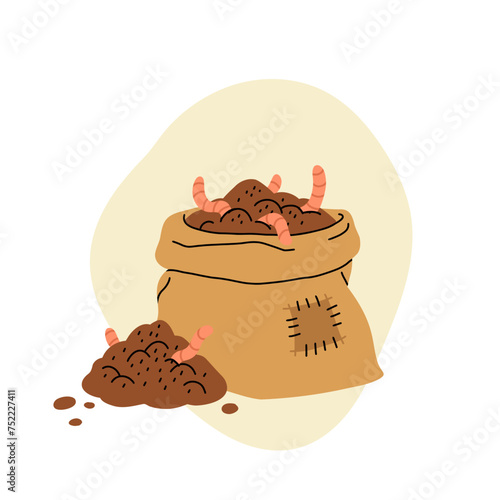 Cartoon flat icon of organic composting theme. Garden tools, bag of compost, ground, food garbage. Illustration of bio, organic fertilizer, compost bin and box, agronomy.