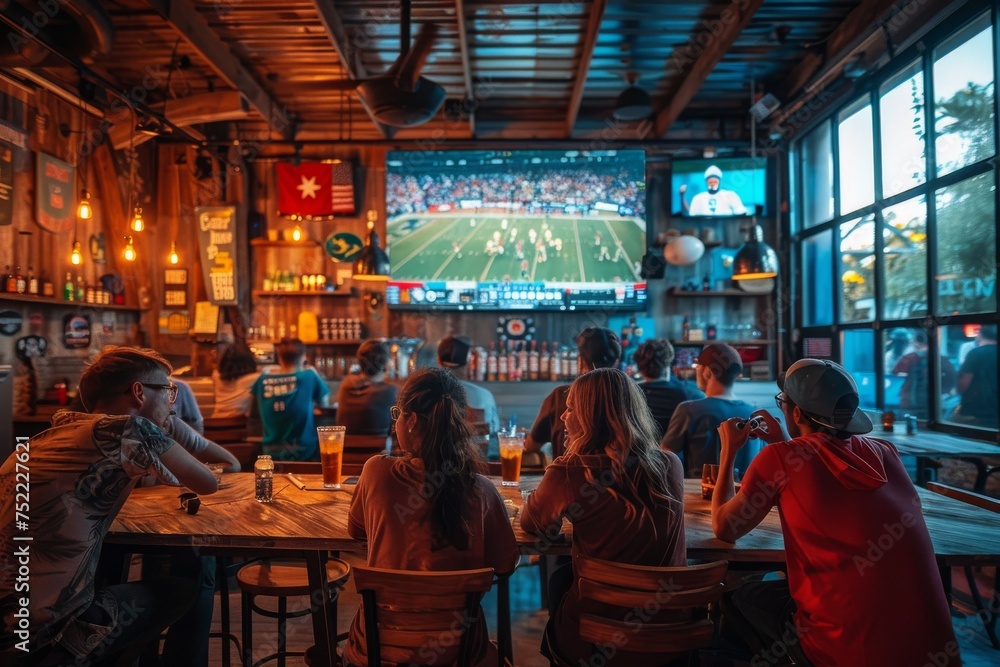 Sport fans cheering a football or soccer in a restaurant while team wining. Generative AI