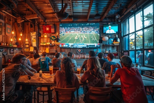 Sport fans cheering a football or soccer in a restaurant while team wining. Generative AI