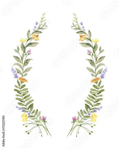 Wild field herbs flowers. Watercolor vector flower frame. Blank space for your text. Design for invitation, card, stationery, fashion, wedding, prints. Holiday decor. Hand drawn illustration.