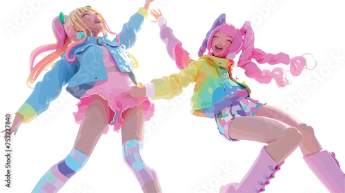 Two cute kawaii positive excited asian colorful