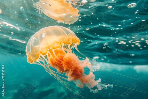 medusa nadando en la playa en libertad, preciosa medusa aislada en el océano  photo