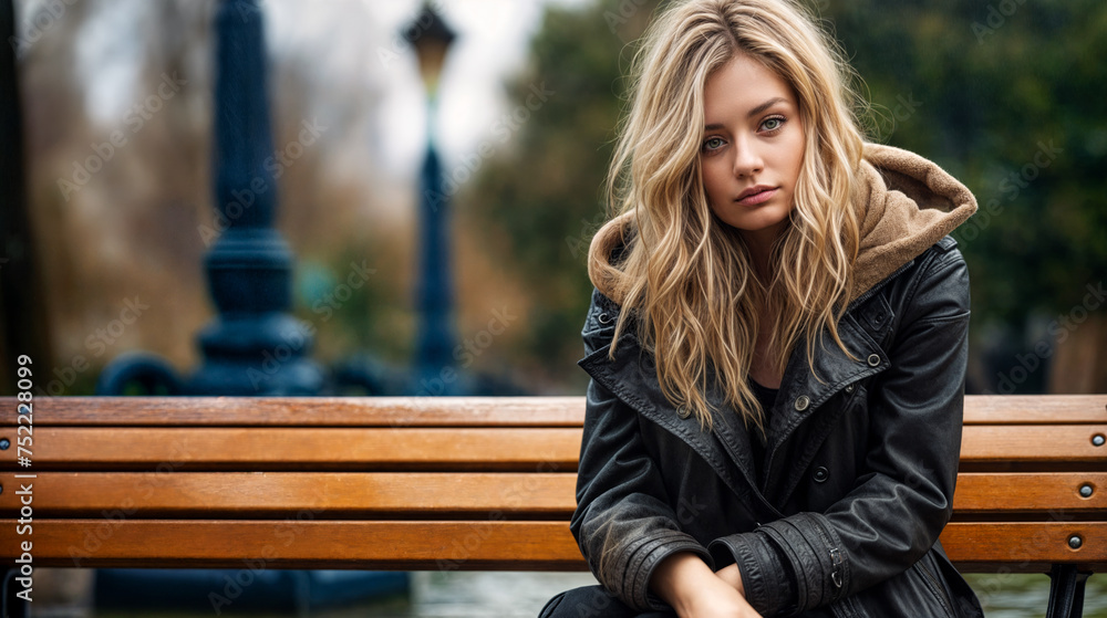 Pensive Young Woman Seated on Park Bench on a Cloudy Day, Reflecting Alone in Contemplation Pensive Young Woman Seated on Park Bench on a Cloudy Day, Reflecting Alone in Contemplation