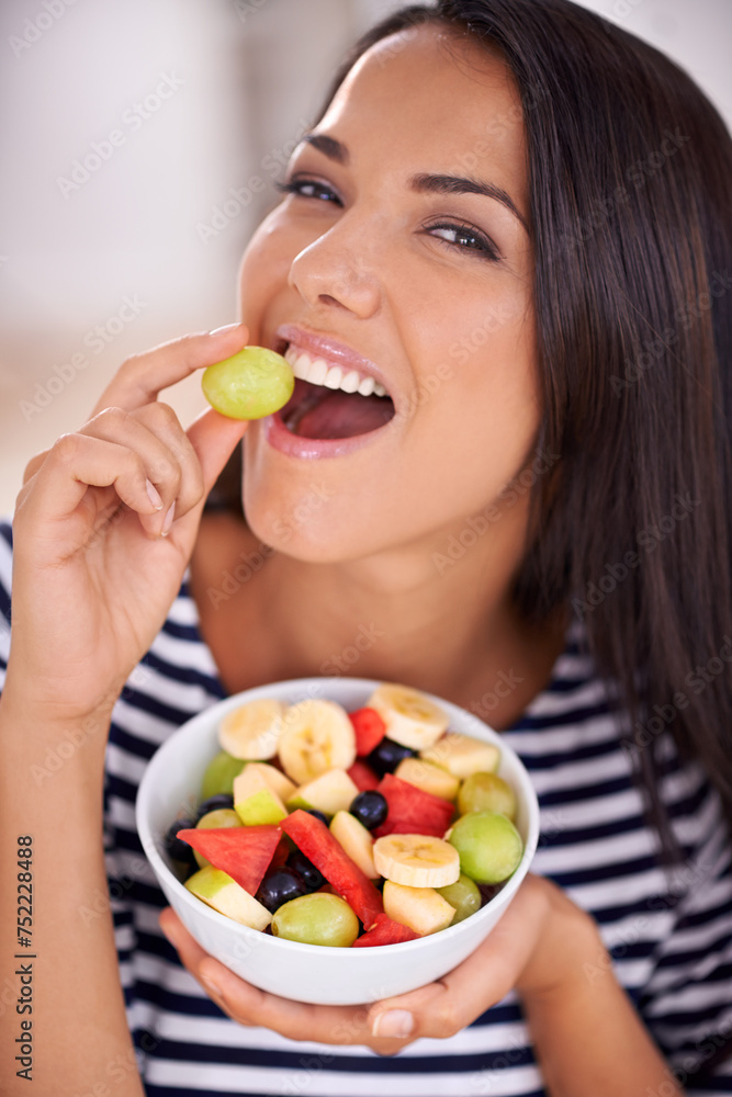 Portrait, woman and fruit bowl for eating, natural nutrition and healthy organic food. Happy, female person with snack with vitamins for skin and wellness, balance diet and salad with vegan choice Portrait, woman and fruit bowl for eating, natural nutrition and healthy organic food. Happy, female person with snack with vitamins for skin and wellness, balance diet and salad with vegan choice