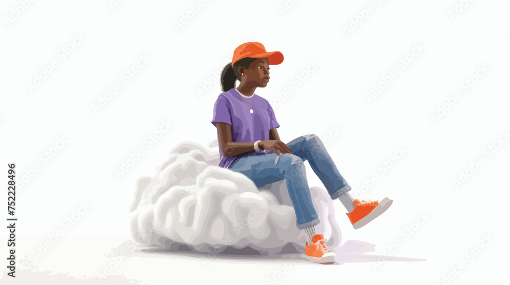 Young blackirl student sits on a cloud thinks over