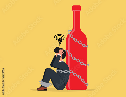 Alcohol addiction, Businessman chained to alcohol bottle. Unhappy alcohol addict suffering from withdrawal syndrome feeling depressed