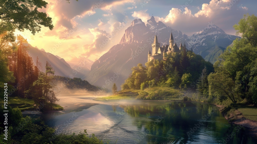 Illustration Fairytale landscape pc wallpaper background.Ai generated