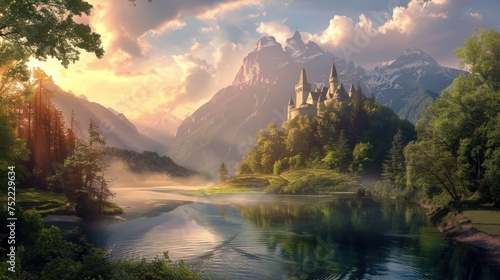 Illustration Fairytale landscape pc wallpaper background.Ai generated photo
