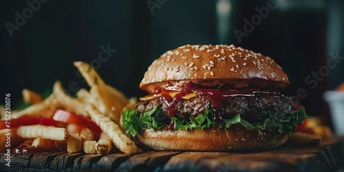 close up burger french fries and ketchup on wooden surface, side view fast food hamburger chips and sauce on dark background, centered