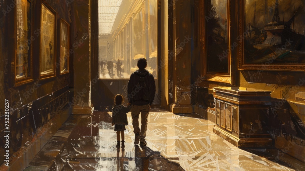 Illustration father and son visiting a museum, Ai generated